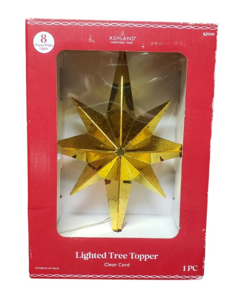 Ashland Christmas Noel Gold Star Lighted Tree Topper 8 Warm Lights Clear Cord
